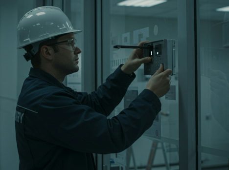 A construction worker is examining a door